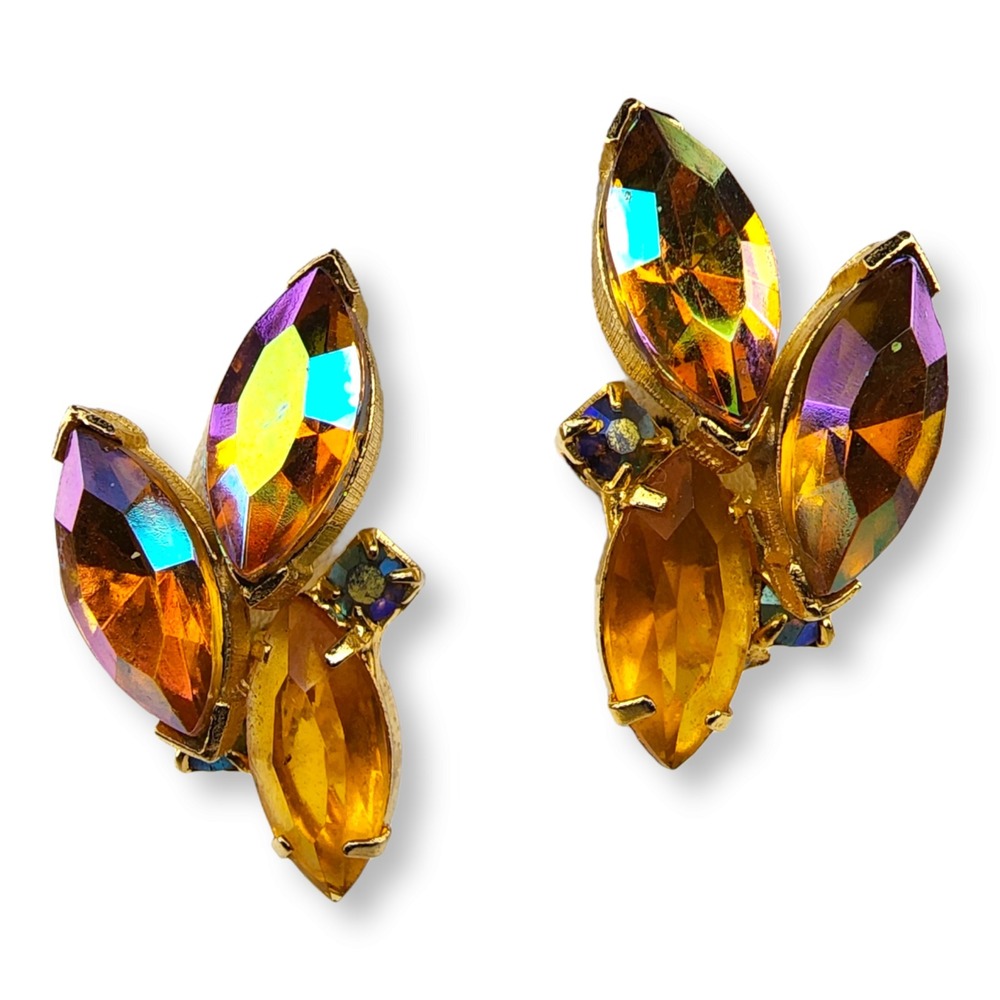 Vintage Gold Tone Orange Aurora Borealis Faceted Rhinestone Clip On Earrings
